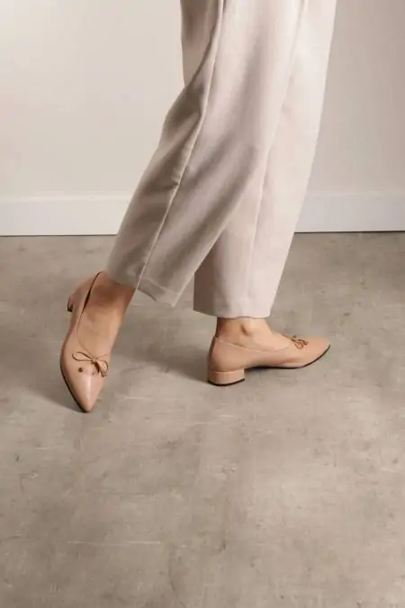 Camel low heel shoes bow...